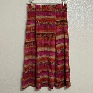 Anna & Frank VTG 100% Silk Button Front Midi Skirt Pink Orange Paisley Floral L